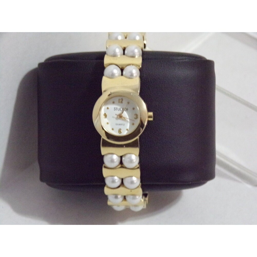 Studio Time Watch Womens 22mm Gold Tone Faux Pearl Open Cuff Stainless Steel Bak